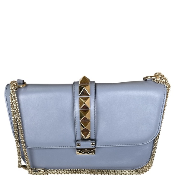 Valentino Garavani Blue Leather Rockstud Crossbody Bag With Gold Chain Strap EUC - Picture 1 of 9